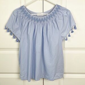 Vineyard Vines Smocked Embroidered Neckline Tassels Short Sleeve Blue Blouse Top